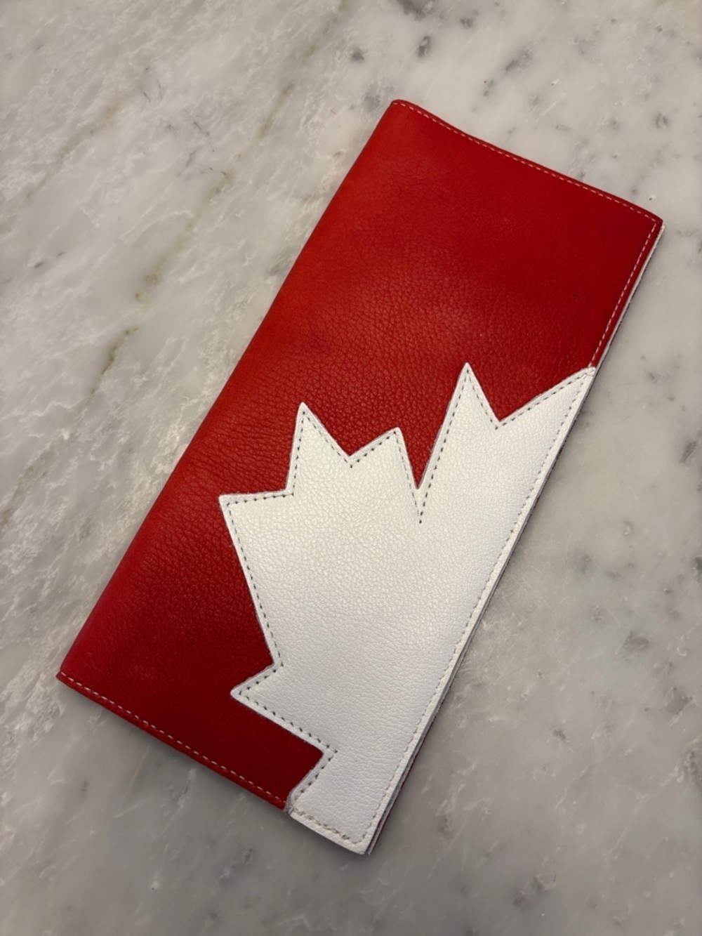 Red and White Leather Long Wallet - Maple Leaf Accent